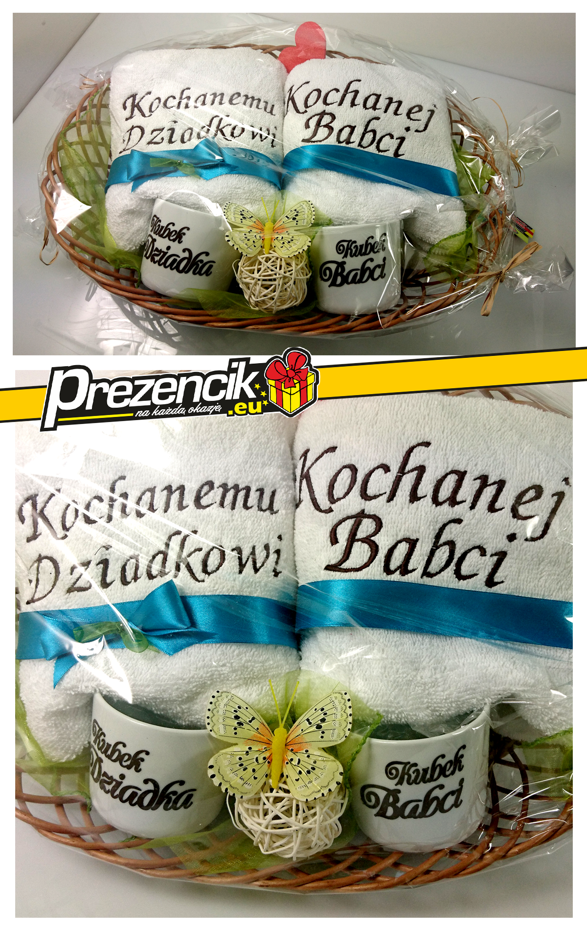 W SKŁAD ZESTAWU WCHODZĄ:  1) Ręczniki  2 sztuki – 50x100 cm o wysokiej gramaturze 500 gr! Ręcznik gruby, mięsisty, haft najwyższej jakości.  2) Dekoracyjny koszyk wiklinowy + ozdoby  3) Dwa kubki Modern Kochanej Babci Kochanemu Dziadkowi   3) Wszystko starannie ozdobione i zapakowane w celofan do wysyłki.